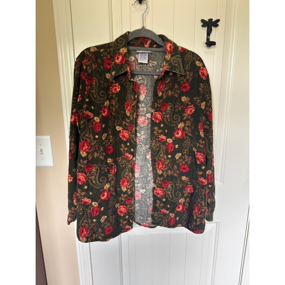 Blair Corduroy Button Down Shirt XL Floral Rose Paisley Olive Green Cotton Top